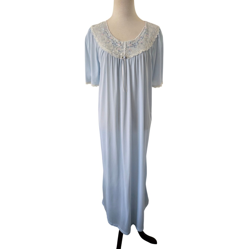Vtg Jenny Buchanan Nylon Blue Lace Embroidered Maxi Nightgown Floral Bow Small